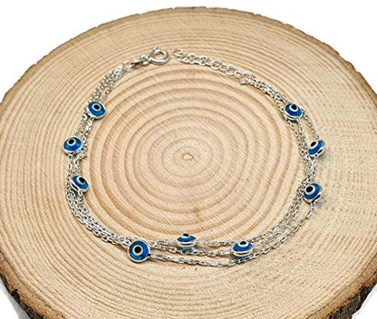 MYSTIC JEWELS By Dalia - 19cm Silver Evil Eye Bracelet on Triple Chain with tiny eyes - For Good Luck (Light Blue)
