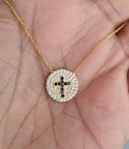 Black Cross Crystal Evil Eye Necklace with white zircons around for Good Luck - 925 Sterling Silver - Chain 40 to 45 cm Length, for Christmas, Wedding, Valentine's Day