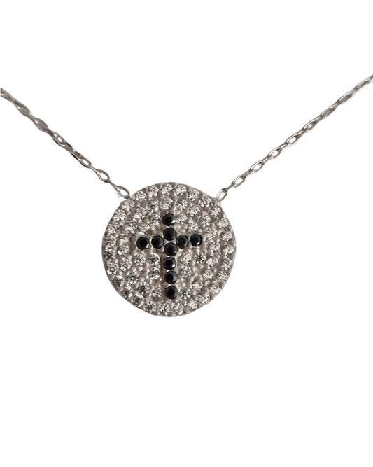 Black Cross Crystal Evil Eye Necklace with white zircons around for Good Luck - 925 Sterling Silver - Chain 40 to 45 cm Length, for Christmas, Wedding, Valentine's Day