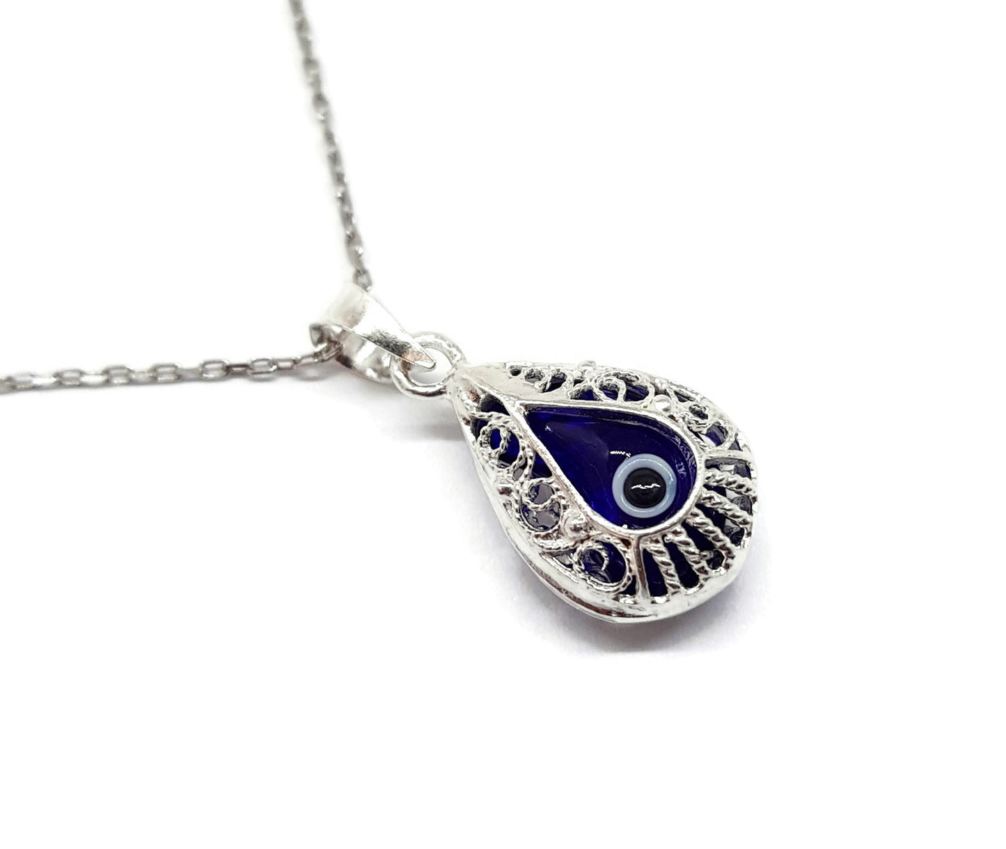 Crystal and 925 Sterling Silver Evil Eye Necklace - Filigree Turkish Eye