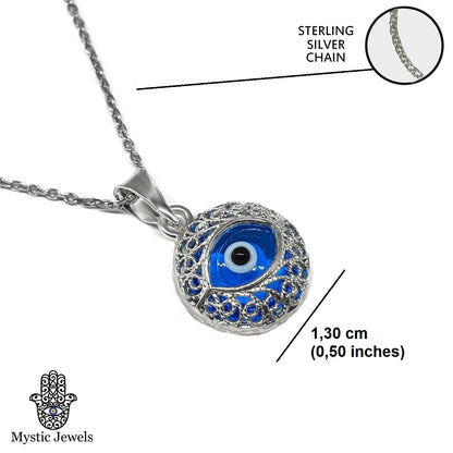 Crystal and 925 Sterling Silver Evil Eye Necklace - Filigree Turkish Eye